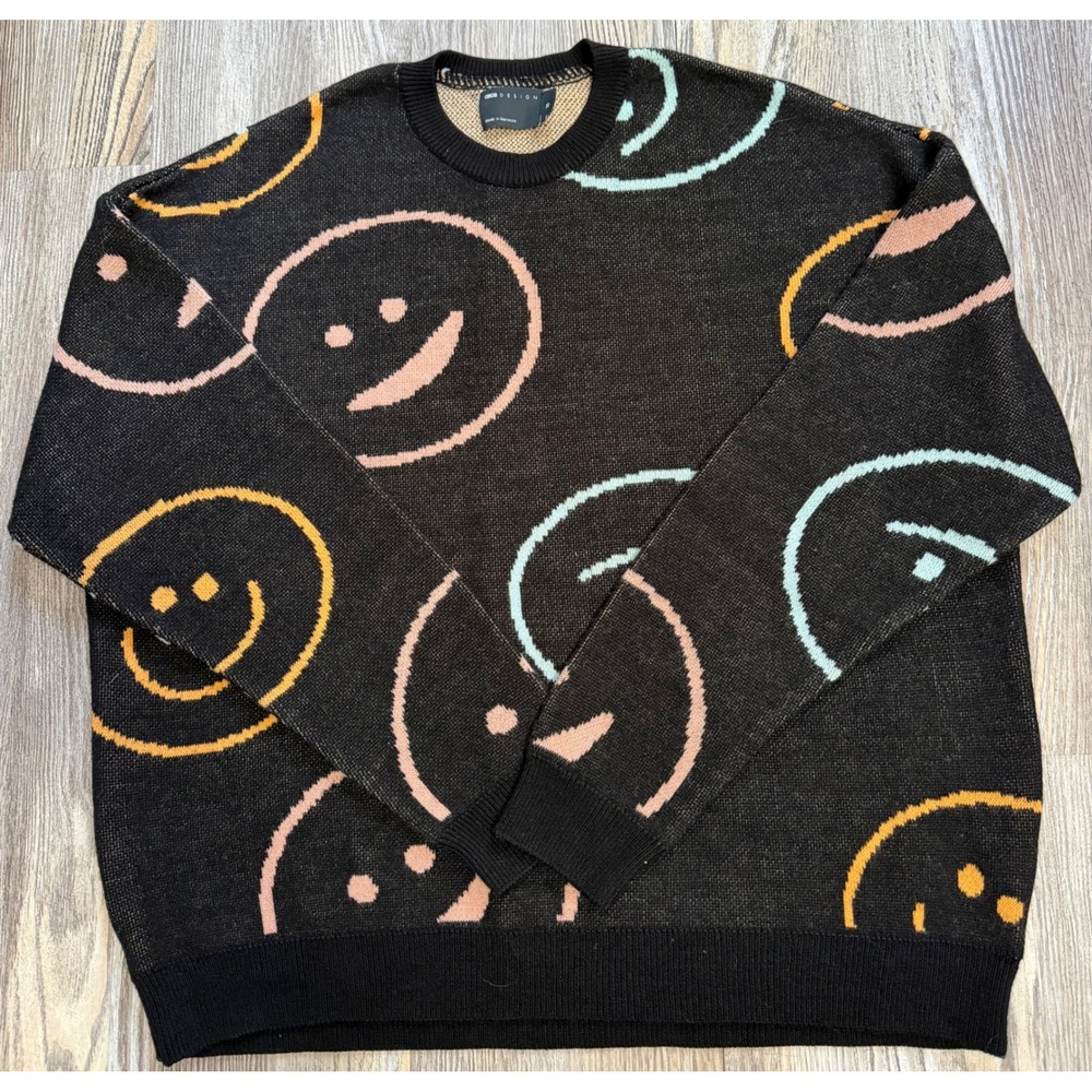 ASOS DESIGN Womens Black Smiley Face Jacquard Knit Crewneck Sweater XS